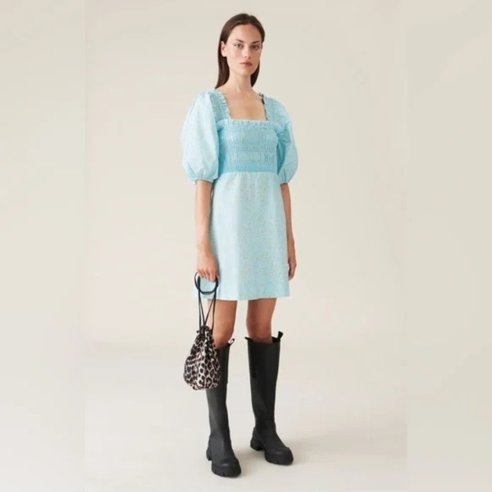 NWT GANNI Corydalis Floral Smocked Puff Sleeve Mini Dress Size 6